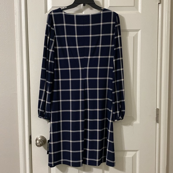 NWT Tommy Hilfiger long sleeve stretchy a line navy dress w/ cream grid pattern - Picture 6 of 7